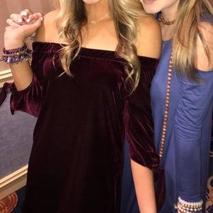 Burgundy Velour Off the Shoulder Dress